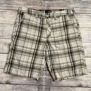 HURLEY Men’s 34 Shorts‎ Flat Front Beige Brown Plaid Golf